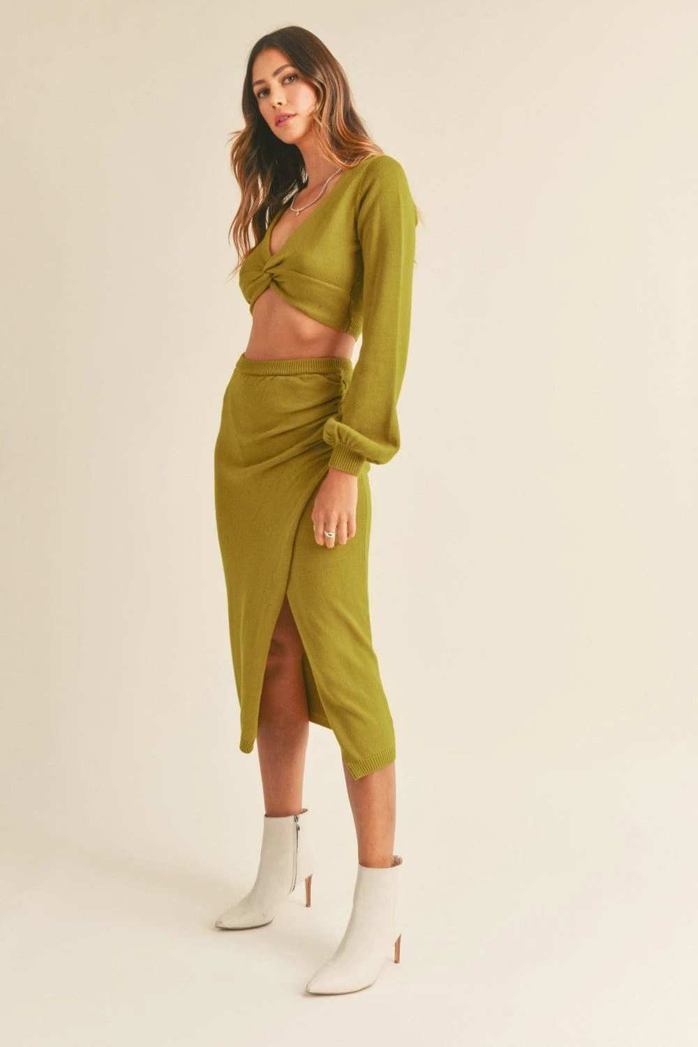 MABLE Front Twisted Knit Top and Midi Skirt Set - Trendsi - Flyclothing LLC
