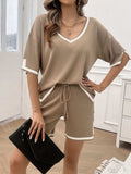 Contrast Trim V-Neck Top and Shorts Set - Trendsi - Flyclothing LLC