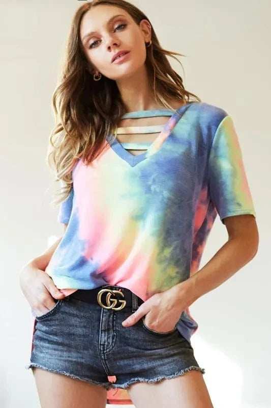 BiBi Tie-Dye V-Neck Short Sleeve T-Shirt - Trendsi - Flyclothing LLC