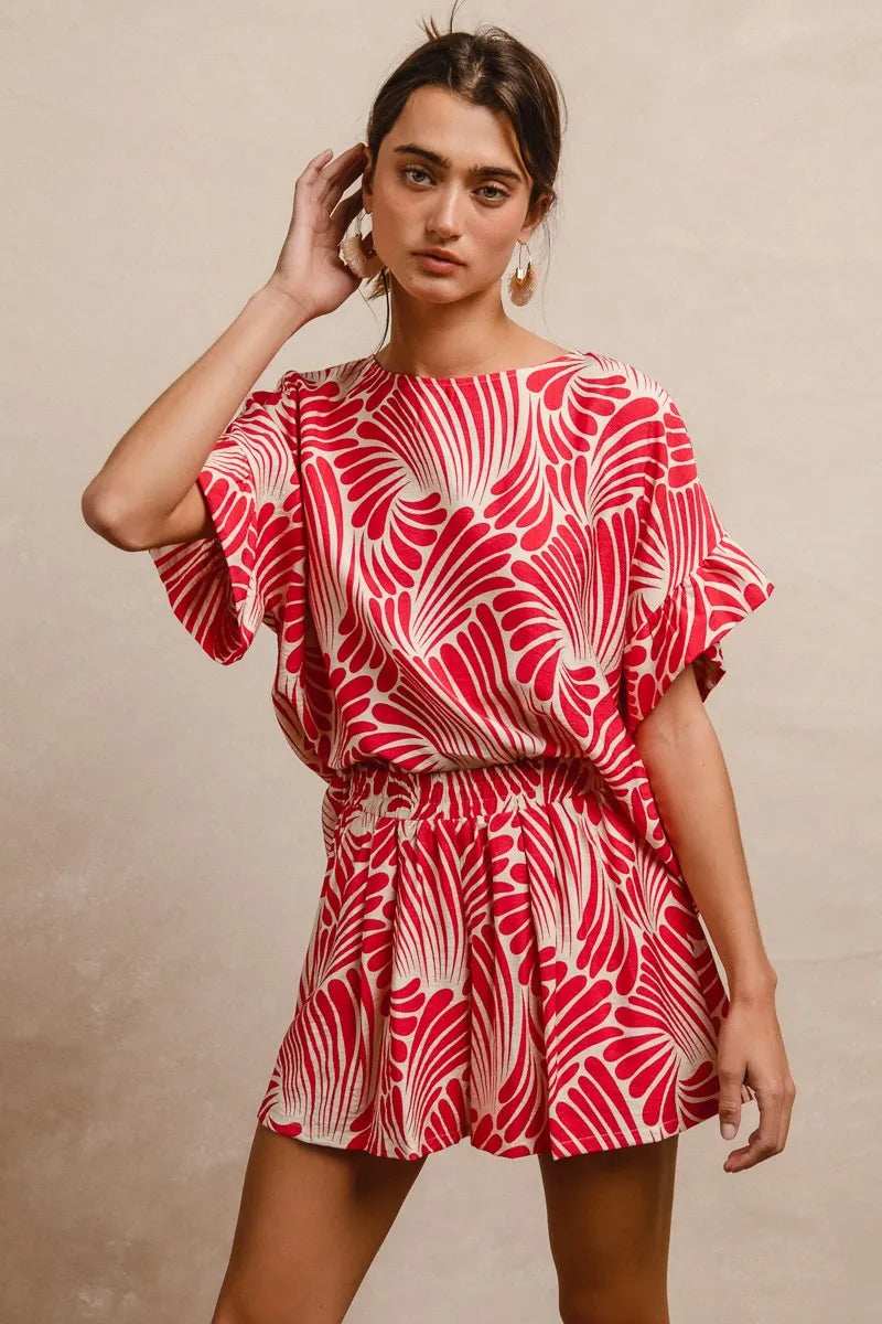 BiBi Print Woven Ruffled Sleeves Top - Trendsi - Flyclothing LLC