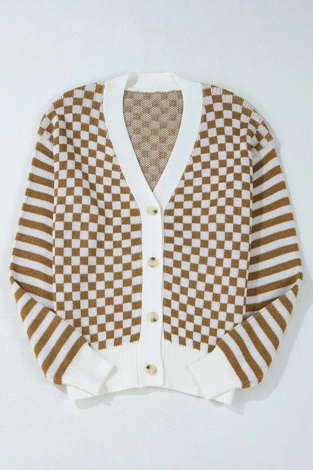 Checkered V-Neck Long Sleeve Cardigan - Trendsi - Flyclothing LLC