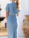 Collared Neck Tie Waist Short Sleeve Denim Dress - Trendsi - Flyclothing LLC