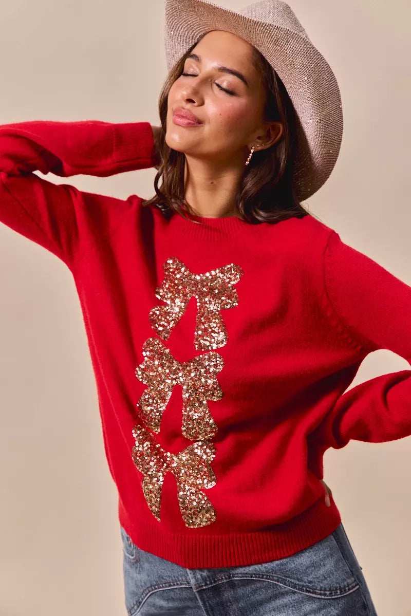 SO ME Sequins Bow Ribbon Embellished Christmas Sweater - Trendsi - Flyclothing LLC