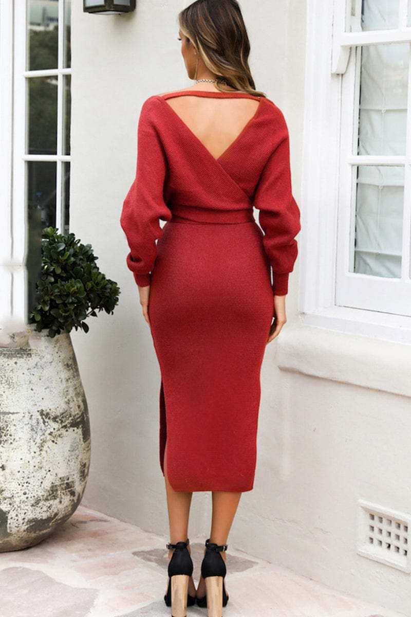 Surplice Neck Bow Waist Slit Sweater Dress - Trendsi - Flyclothing LLC