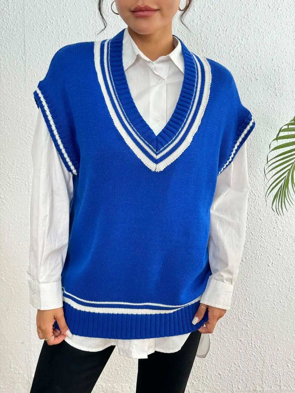 Contrast Trim V-Neck Sweater Vest - Trendsi - Flyclothing LLC