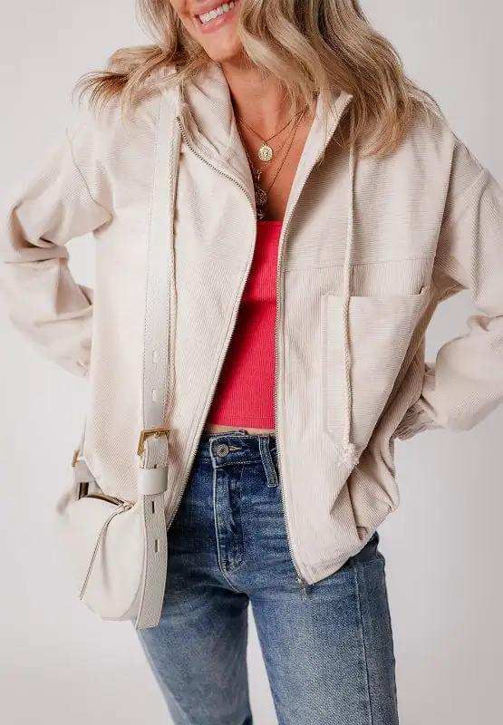 Pocketed Zip Up Long Sleeve Hooded Jacket - Trendsi - Flyclothing LLC