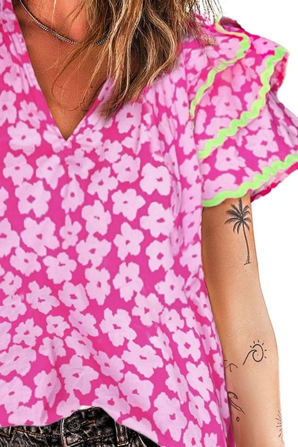 Printed V-Neck Flounce Sleeve Blouse - Trendsi - Flyclothing LLC