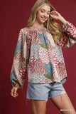 Umgee Boho Feather Print Peasant Blouse - Trendsi - Flyclothing LLC
