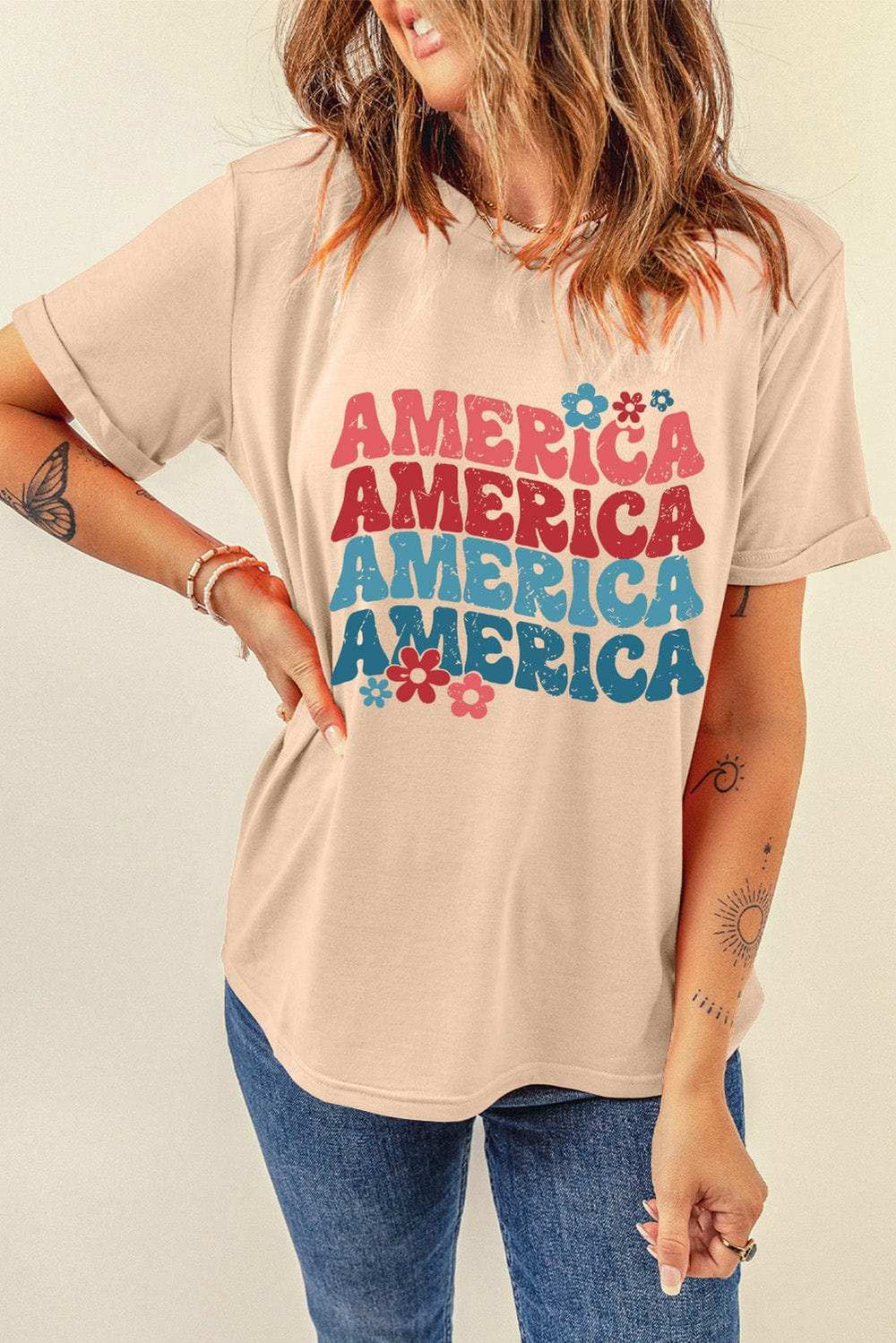 AMERICA Round Neck Short Sleeve T-Shirt - Trendsi - Flyclothing LLC