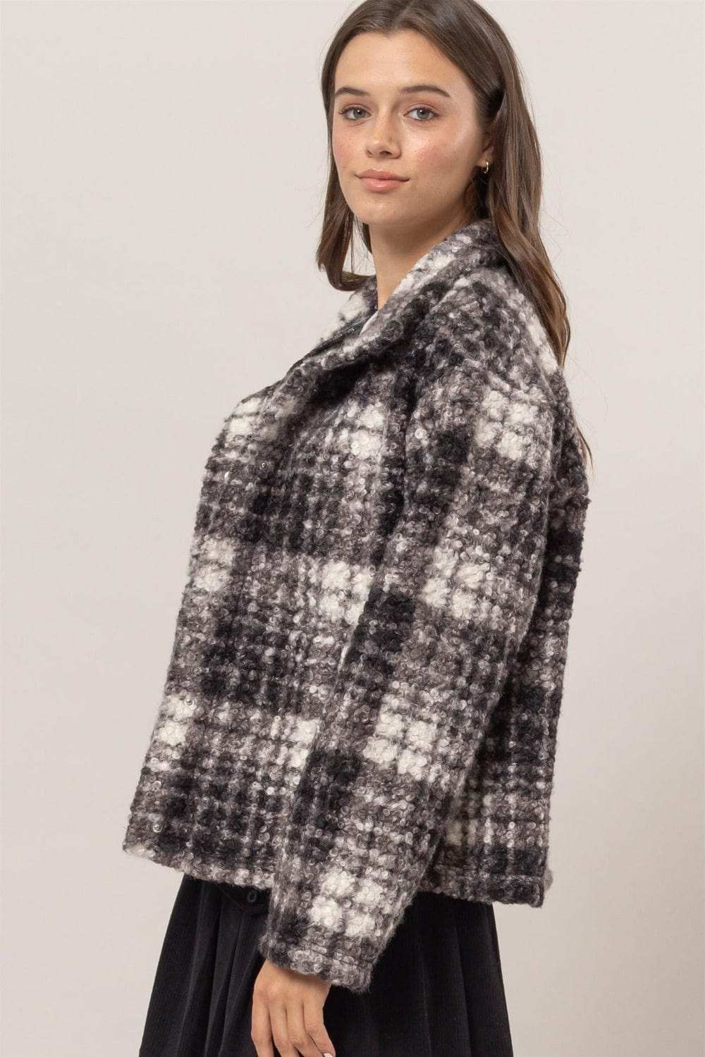 HYFVE Plaid Collared Neck Boucle Jacket with Pockets - Trendsi - Flyclothing LLC
