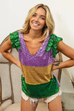 BiBi Mardi Gras Sequin Color Block Ruffled Top - Trendsi - Flyclothing LLC