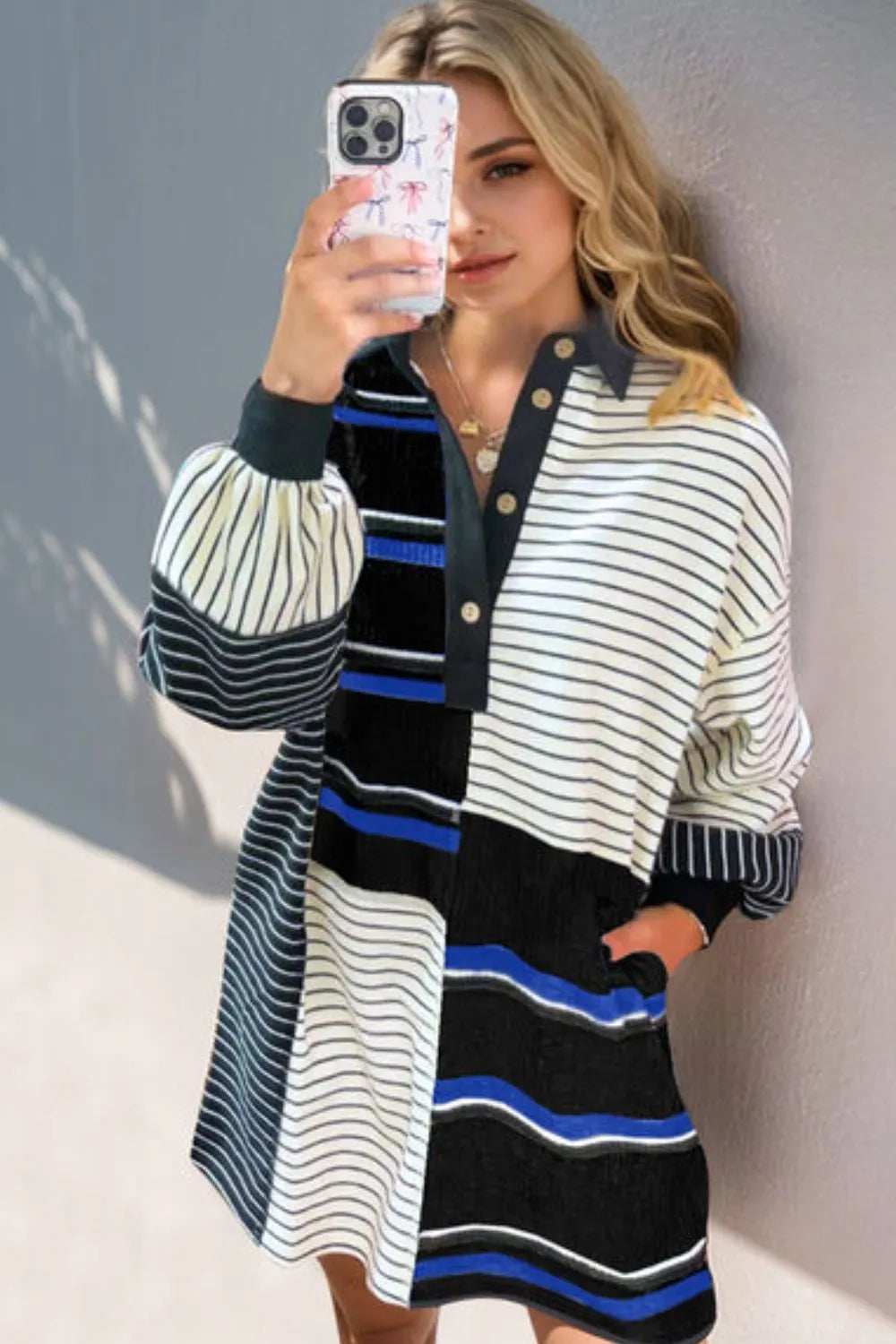 Oh Full Size Striped Half Button Long Sleeve Mini Dress - Trendsi - Flyclothing LLC