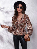 Ruched Printed V-Neck Long Sleeve Blouse - Trendsi - Flyclothing LLC
