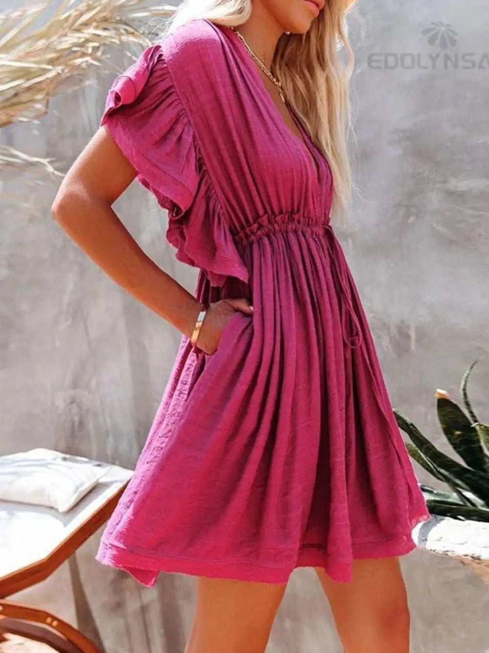 Drawstring Ruffled Half Sleeve Mini Dress - Trendsi - Flyclothing LLC