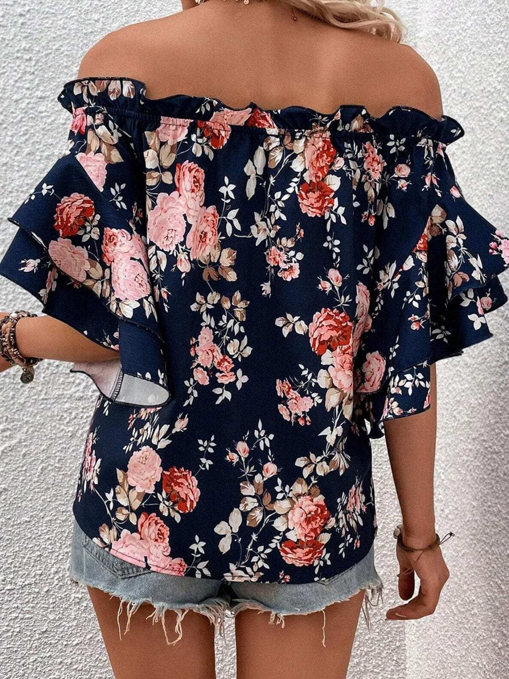 Printed Off-Shoulder Flounce Sleeve Blouse - Trendsi - Flyclothing LLC