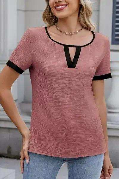 Cutout Round Neck Short Sleeve Top - Trendsi - Flyclothing LLC