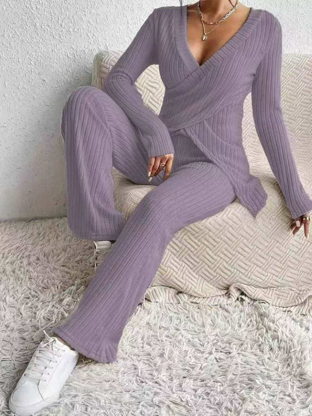 Surplice Long Sleeve Top and Pants Set - Trendsi - Flyclothing LLC