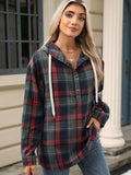 Drawstring Plaid Hooded Long Sleeve Top - Trendsi - Flyclothing LLC