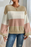 Color Block Round Neck Lantern Sleeve Sweater - Trendsi - Flyclothing LLC