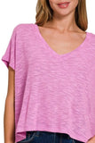 Zenana Hacci Slub V-neck Drop Shoulder Crop Top - Trendsi - Flyclothing LLC
