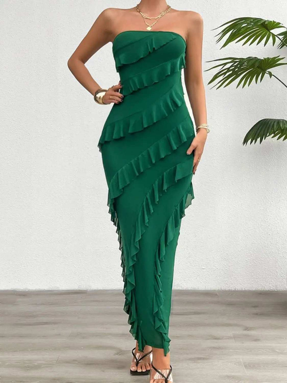 Devine Ruffled Slit Back Tube Maxi Dress - Trendsi - Flyclothing LLC