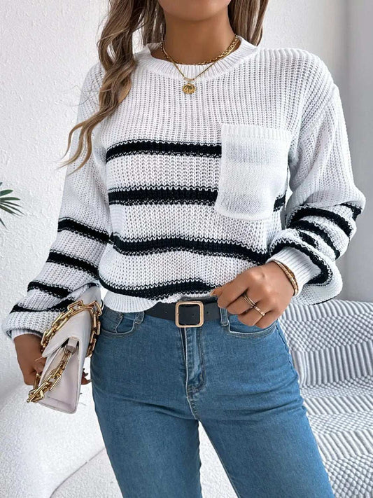 Striped Round Neck Long Sleeve Sweater - Trendsi - Flyclothing LLC