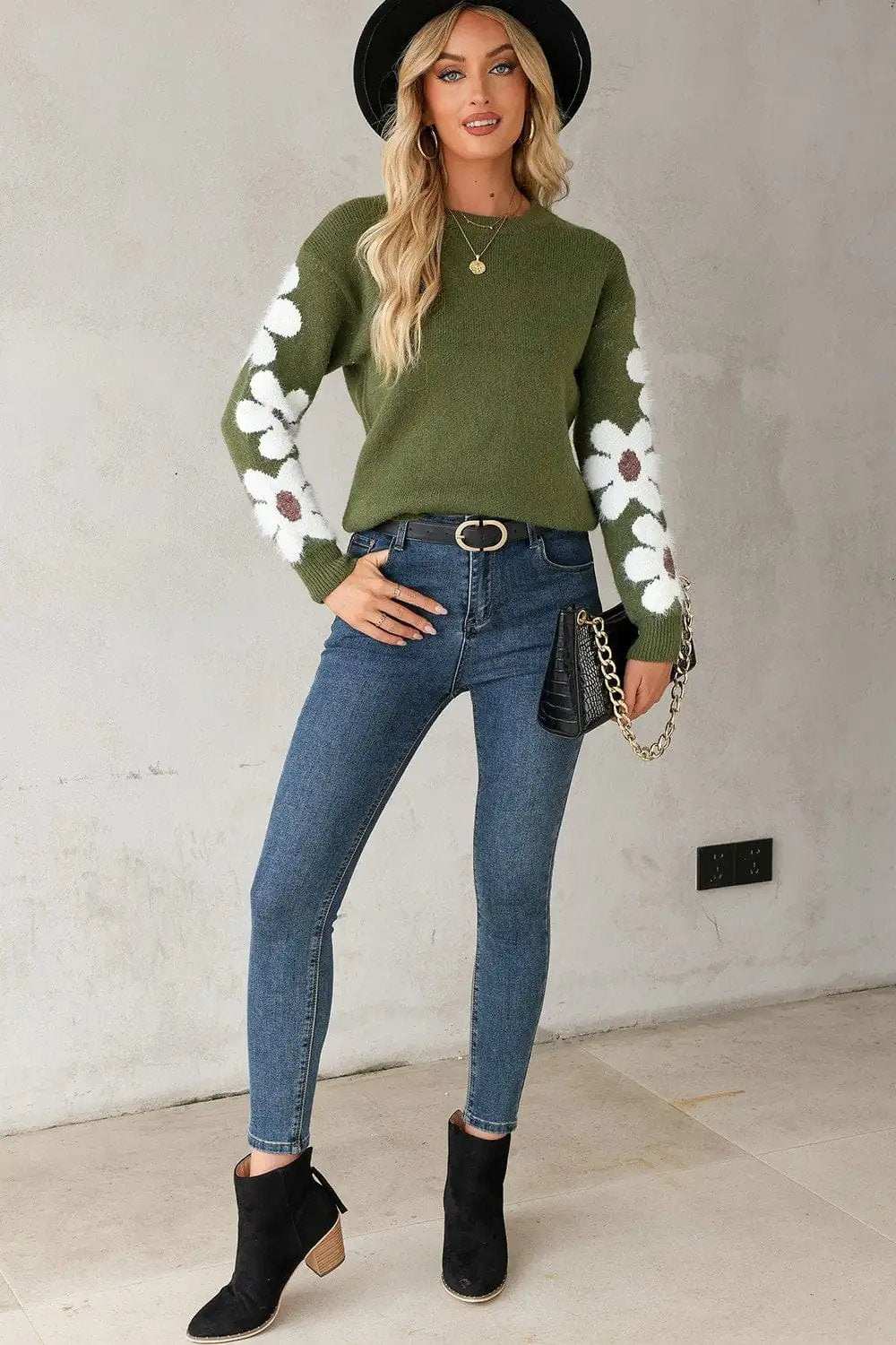 Flower Round Neck Long Sleeve Sweater - Trendsi - Flyclothing LLC