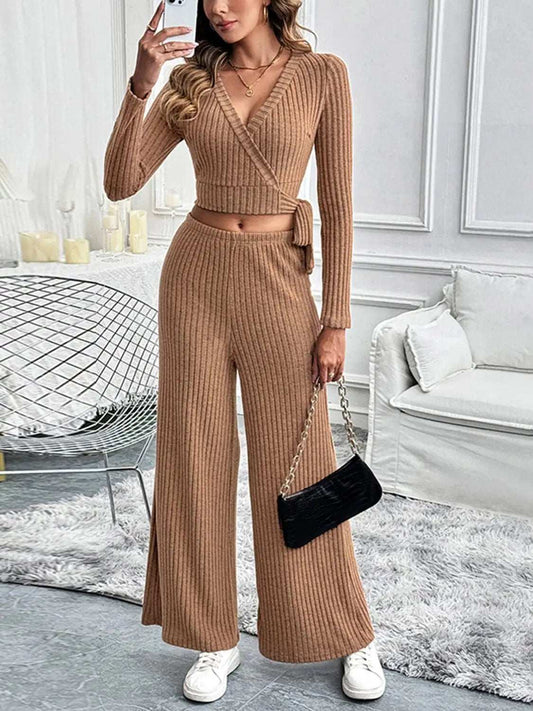 Perfee Surplice Long Sleeve Top and Pants Set - Trendsi - Flyclothing LLC