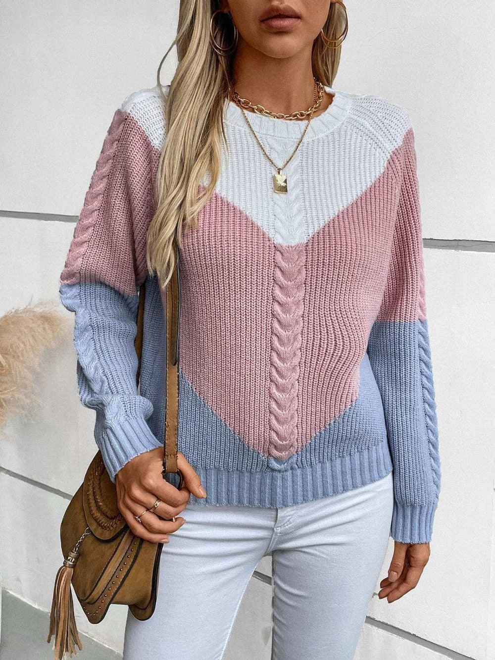 Color Block Round Neck Long Sleeve Sweater - Trendsi - Flyclothing LLC