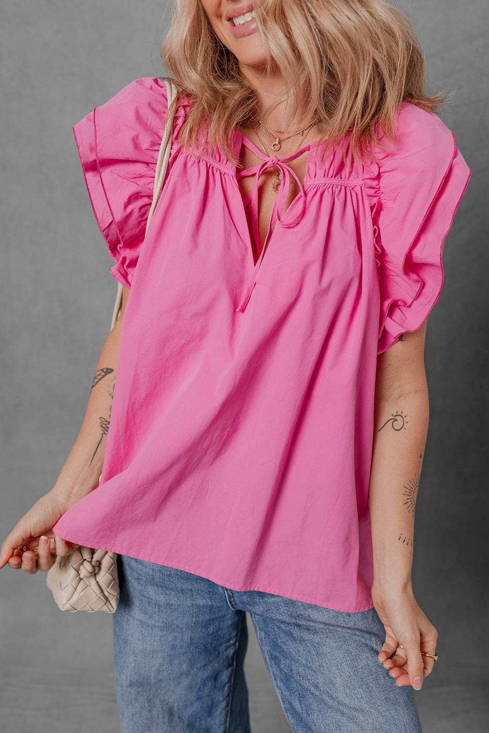 Shirred Tie Neck Ruffled Cap Sleeve Blouse - Trendsi - Flyclothing LLC