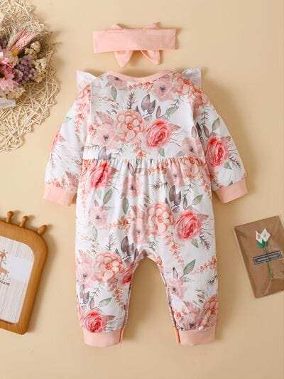 Ruffled Floral Round Neck Jumpsuit with Headband - Trendsi - Flyclothing LLC