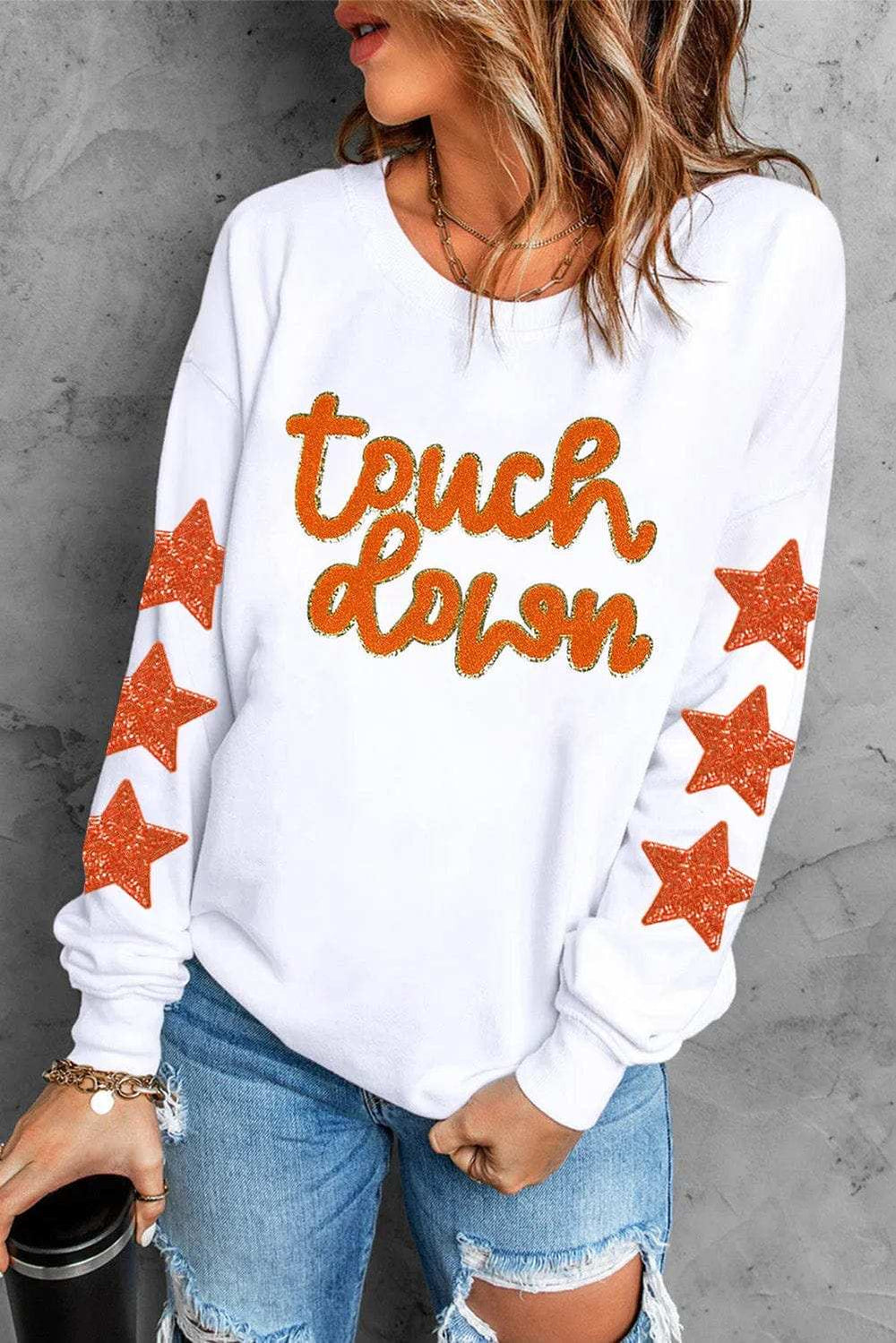 Letter & Star Round Neck Long Sleeve Sweatshirt - Trendsi - Flyclothing LLC