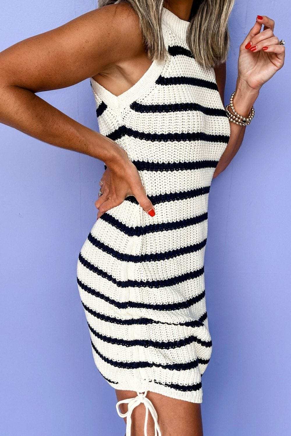 Contrast Striped Drawstring Detail Sleeveless Sweater Dress - Trendsi - Flyclothing LLC
