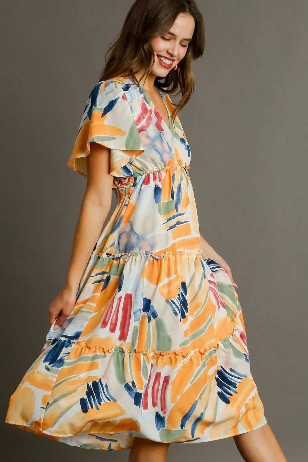 Umgee Full Size Abstract Print Flutter Sleeve Frill Tiered Midi Dress Plus Size - Trendsi - Flyclothing LLC