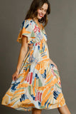 Umgee Full Size Abstract Print Flutter Sleeve Frill Tiered Midi Dress Plus Size - Trendsi - Flyclothing LLC
