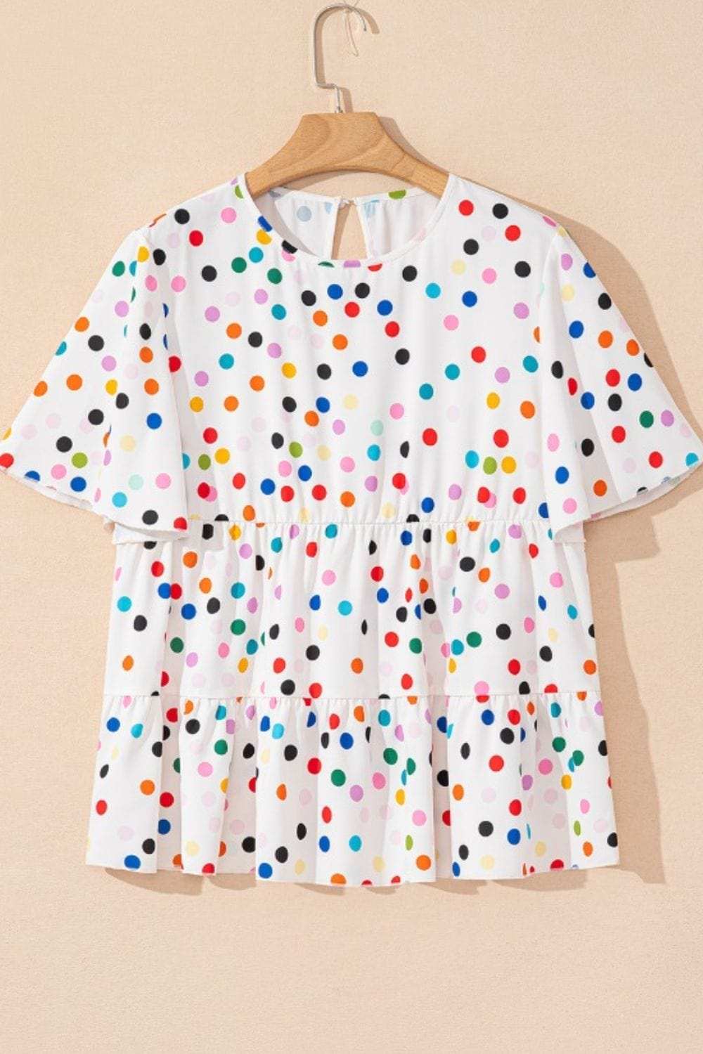 Polka Dot Short Sleeve Tiered Ruffled Babydoll Blouse - Trendsi - Flyclothing LLC