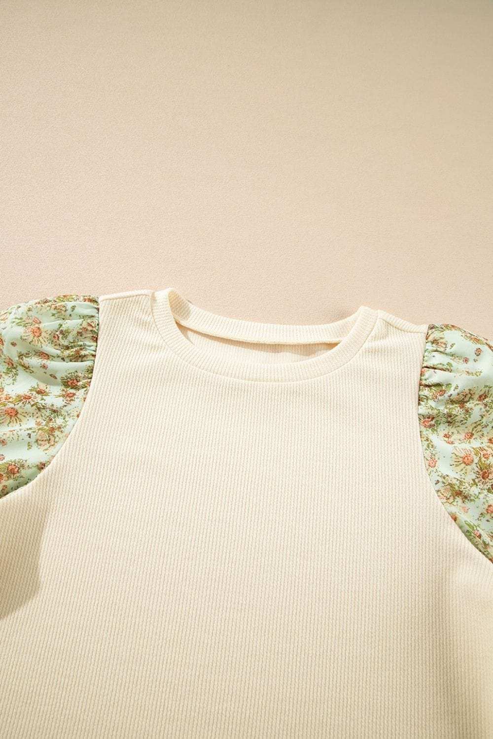 Floral Puff Sleeve Ribbed Blouse - Trendsi - Flyclothing LLC