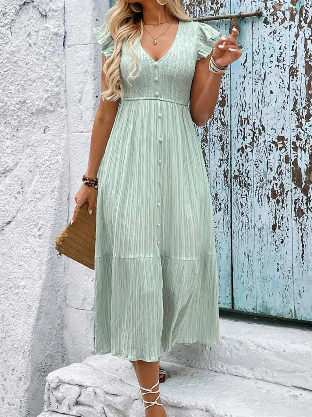V-Neck Ruffled Cap Sleeve Dress - Trendsi - Flyclothing LLC