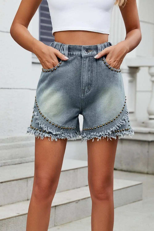 Raw Hem Studded Denim Shorts - Trendsi - Flyclothing LLC
