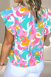 Ruffled Printed Notched Cap Sleeve Blouse - Trendsi - Flyclothing LLC