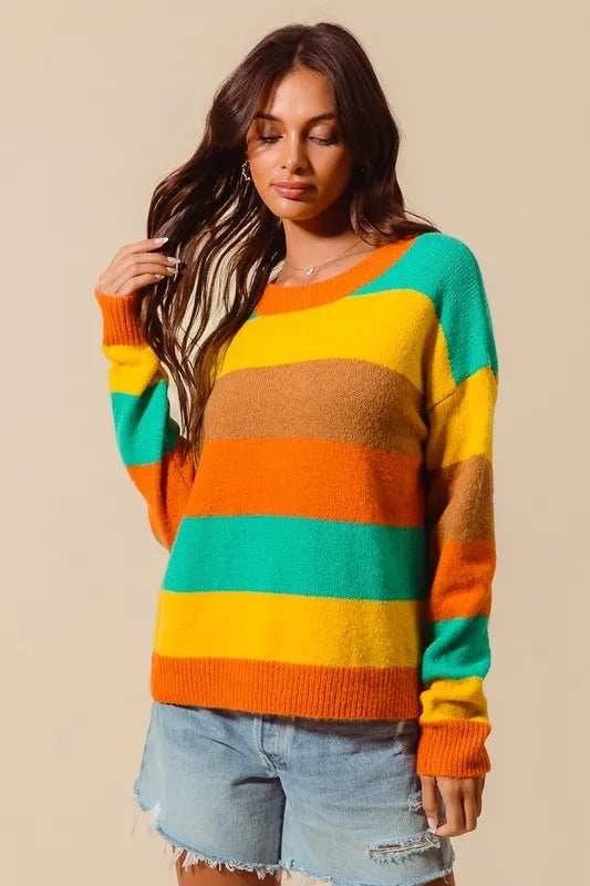 SO ME Multi Color Stripe Sweater with Ribbed Detail - Trendsi - Flyclothing LLC