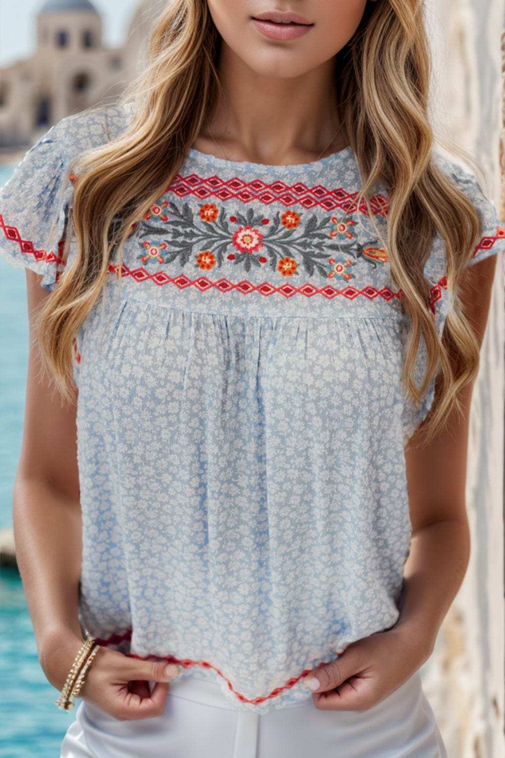 Embroidered Round Neck Cap Sleeve Blouse - Trendsi - Flyclothing LLC