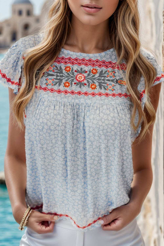 Embroidered Round Neck Cap Sleeve Blouse - Trendsi - Flyclothing LLC