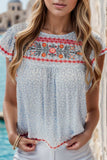 Embroidered Round Neck Cap Sleeve Blouse - Trendsi - Flyclothing LLC