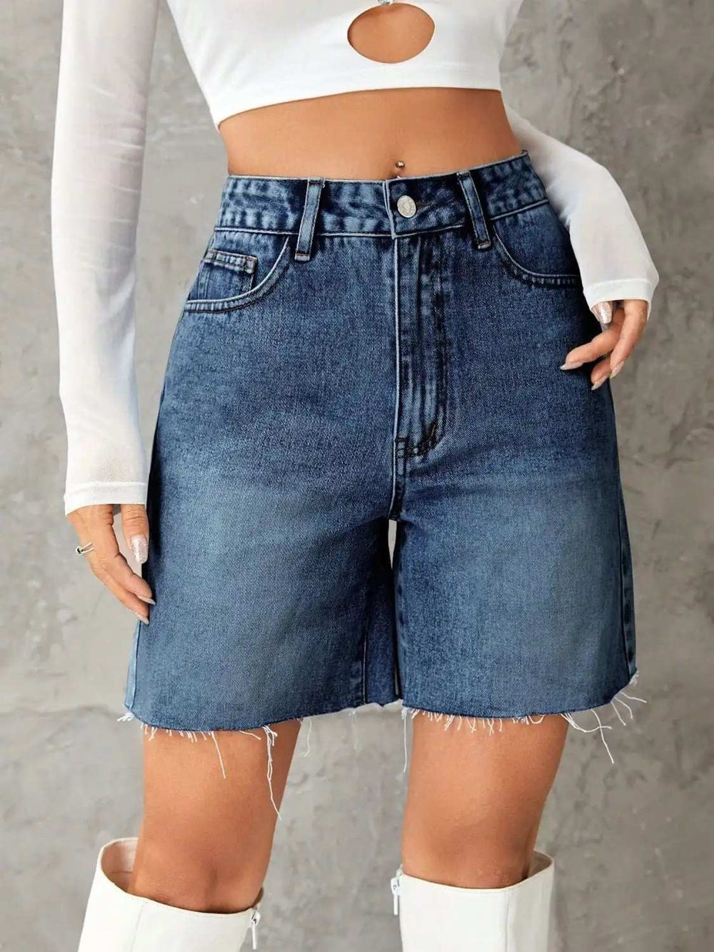 Frayed Hem Denim Shorts - Trendsi - Flyclothing LLC