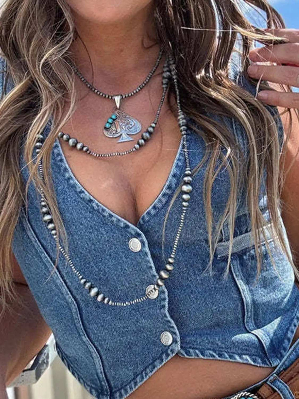 Buttoned V-Neck Denim Top - Trendsi - Flyclothing LLC