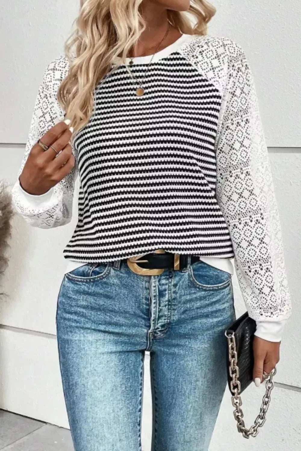 Striped Lace Raglan Sleeve Blouse - Trendsi - Flyclothing LLC