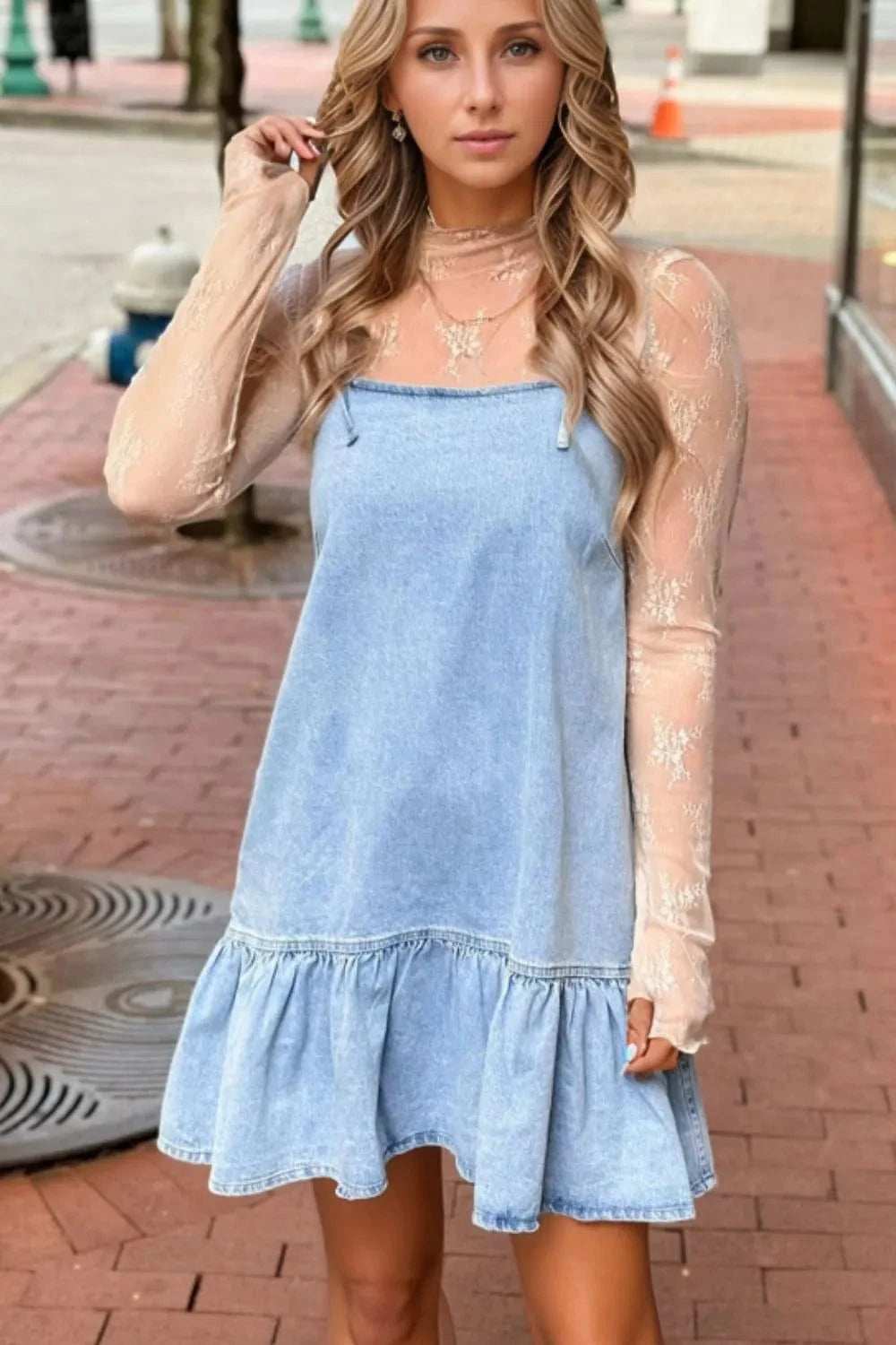 Bow Detail Spaghetti Straps Ruffle Hem Denim Dress - Trendsi - Flyclothing LLC