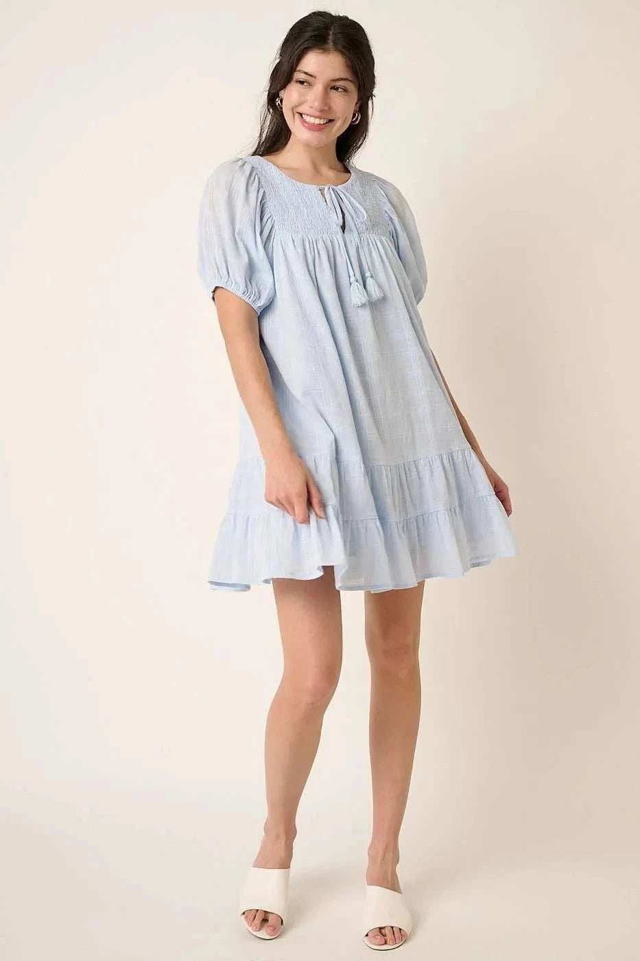 Mittoshop Tassel Tie Plaid Gauze Short Sleeve Mini Dress - Trendsi - Flyclothing LLC