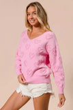 BiBi Valentines Heart Pompom V Neck Knit Top - Trendsi - Flyclothing LLC